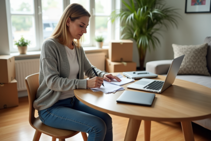 Femme organisée triant reçus dans son salon lumineux