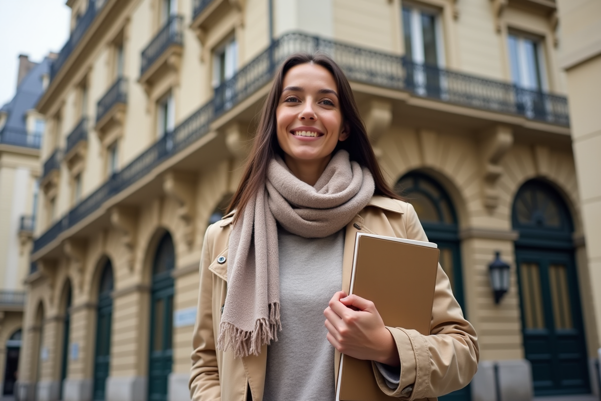 Jeune femme souriante devant immeuble haussmannien