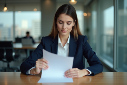 Femme professionnelle en réunion avec lettre de démission