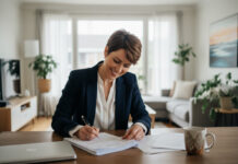 Femme souriante signant un document d'assurance à la maison