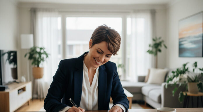 Femme souriante signant un document d'assurance à la maison
