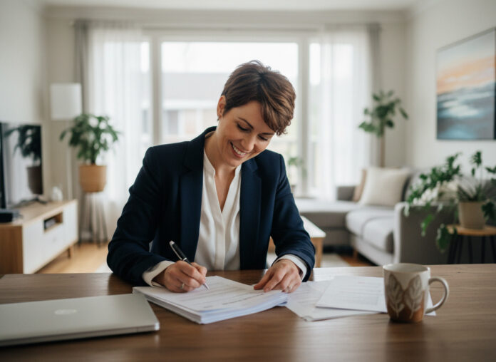 Femme souriante signant un document d'assurance à la maison