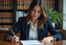 Rédiger une condition résolutoire : conseils et méthodes efficaces Femme professionnelle signant un document juridique dans un bureau moderne