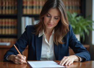 Femme professionnelle signant un document juridique dans un bureau moderne