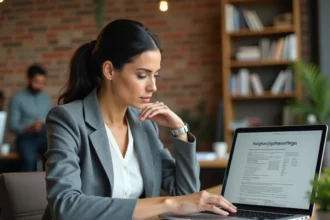 Femme consultant un simulateur 1 pour cent logement sur ordinateur portable au bureau