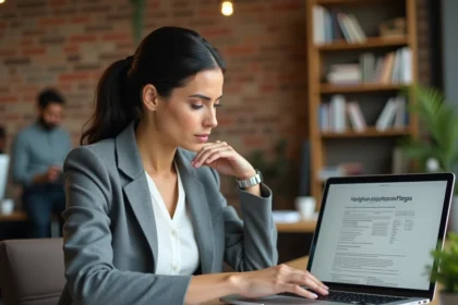 Femme consultant un simulateur 1 pour cent logement sur ordinateur portable au bureau