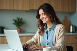 Femme souriante utilisant un ordinateur dans une cuisine lumineuse