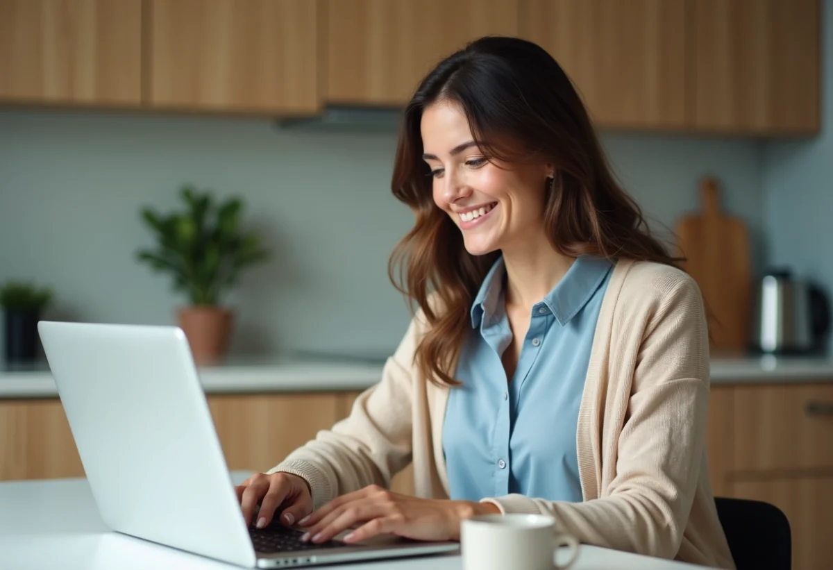 Femme souriante utilisant un ordinateur dans une cuisine lumineuse