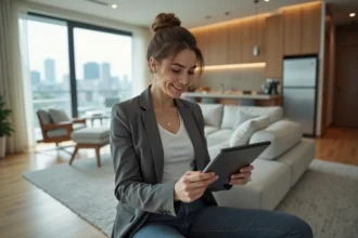Femme utilisant une tablette pour régler la maison connectée