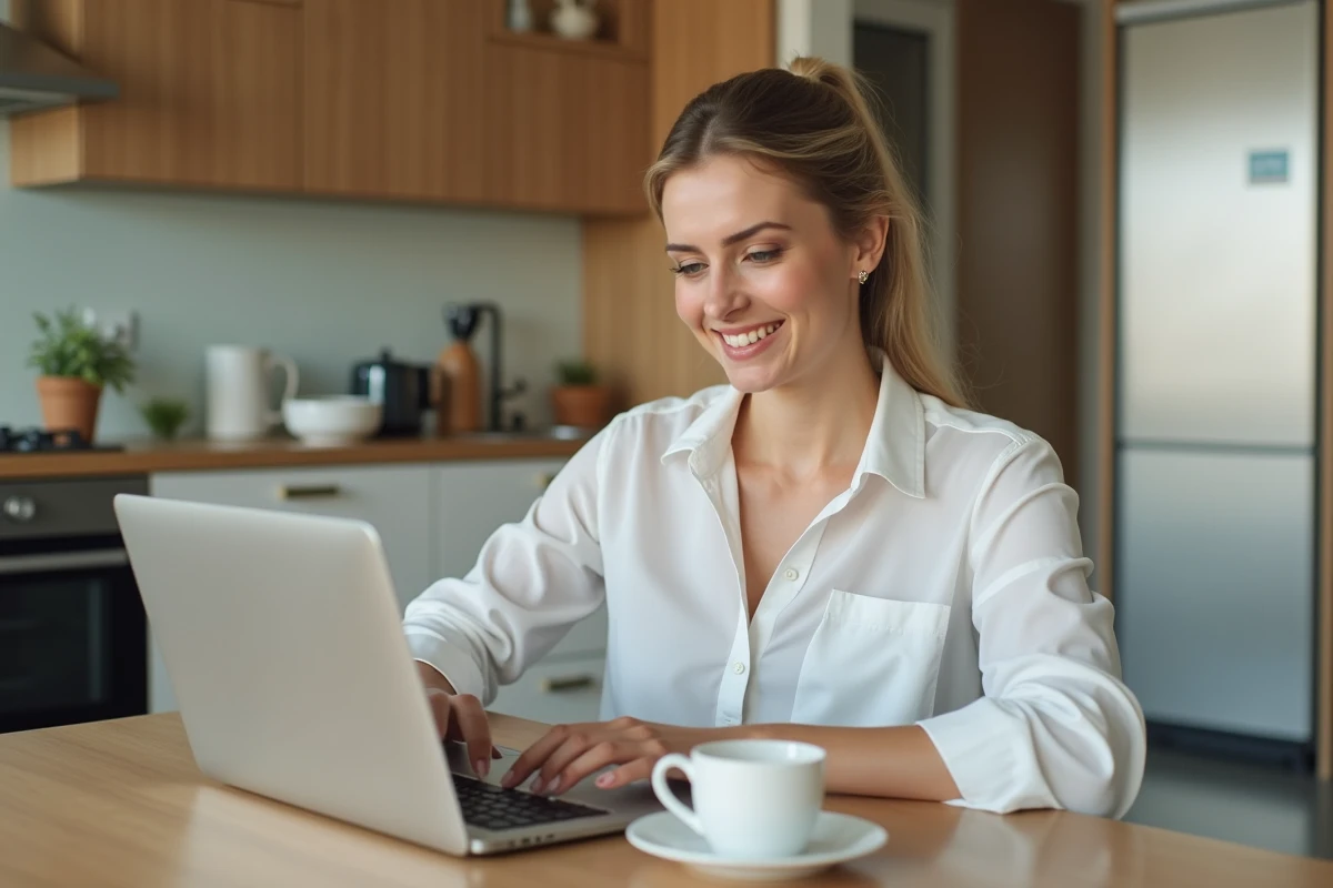 Femme en tenue casual au travail dans une cuisine lumineuse