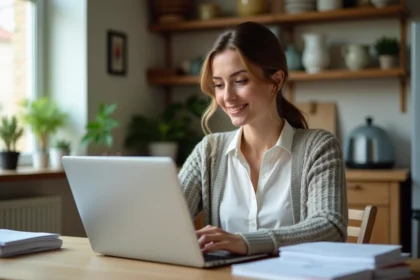 Femme assise à une table remplit un formulaire sur aidologement