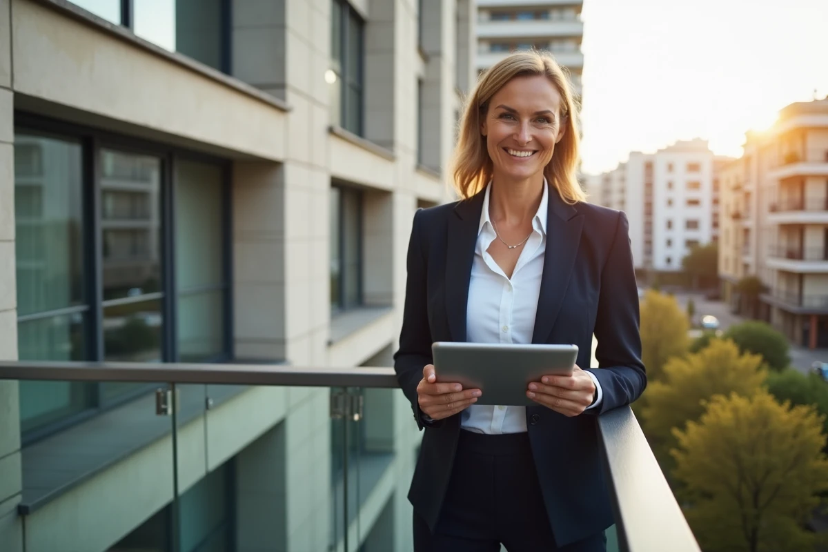 Femme d affaires sur un balcon urbain tenant une tablette avec calculs de location