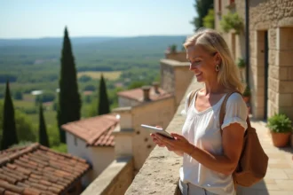 Femme souriante tenant une tablette avec vue sur village audois
