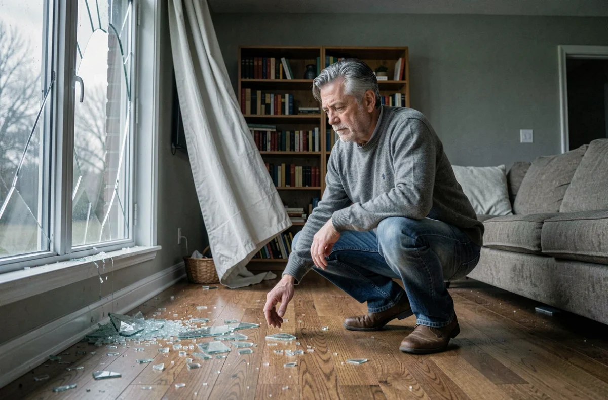 Homme inspectant une fenêtre brisée dans un salon après un sinistre, dans le cadre d'une déclaration d'assurance habitation