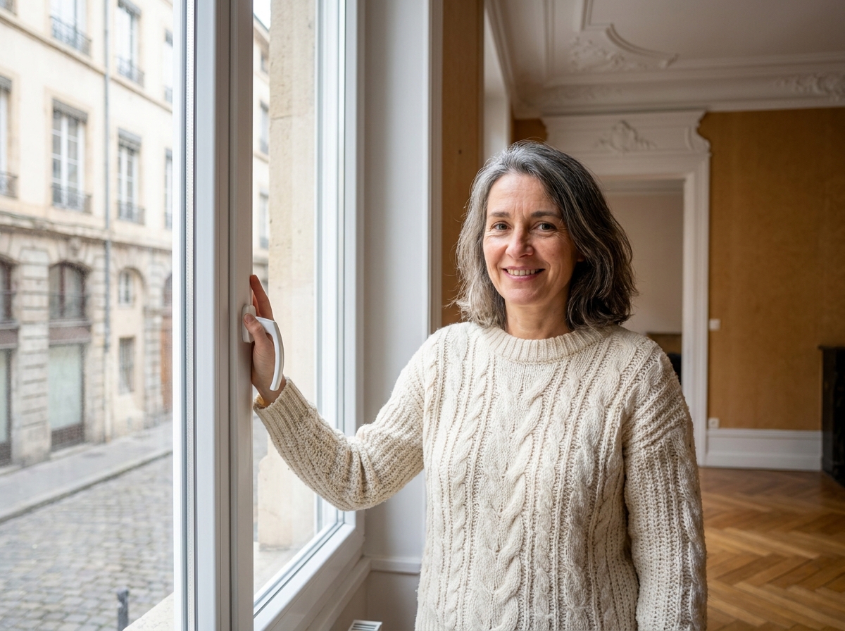 Femme devant une fenêtre double vitrage dans un appartement Haussmannien de Lyon