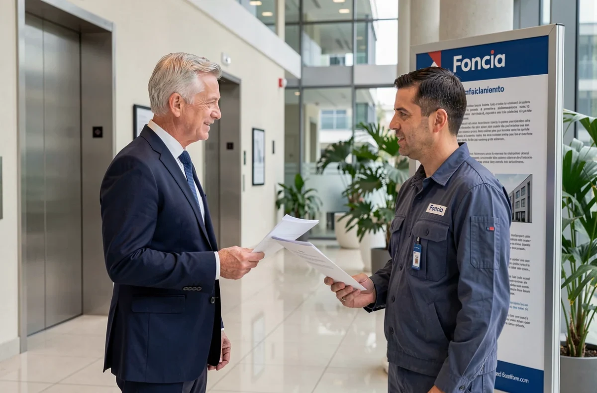 Un manager senior de Foncia Charente-Maritime discutant d'un rapport de maintenance dans le hall d'un immeuble
