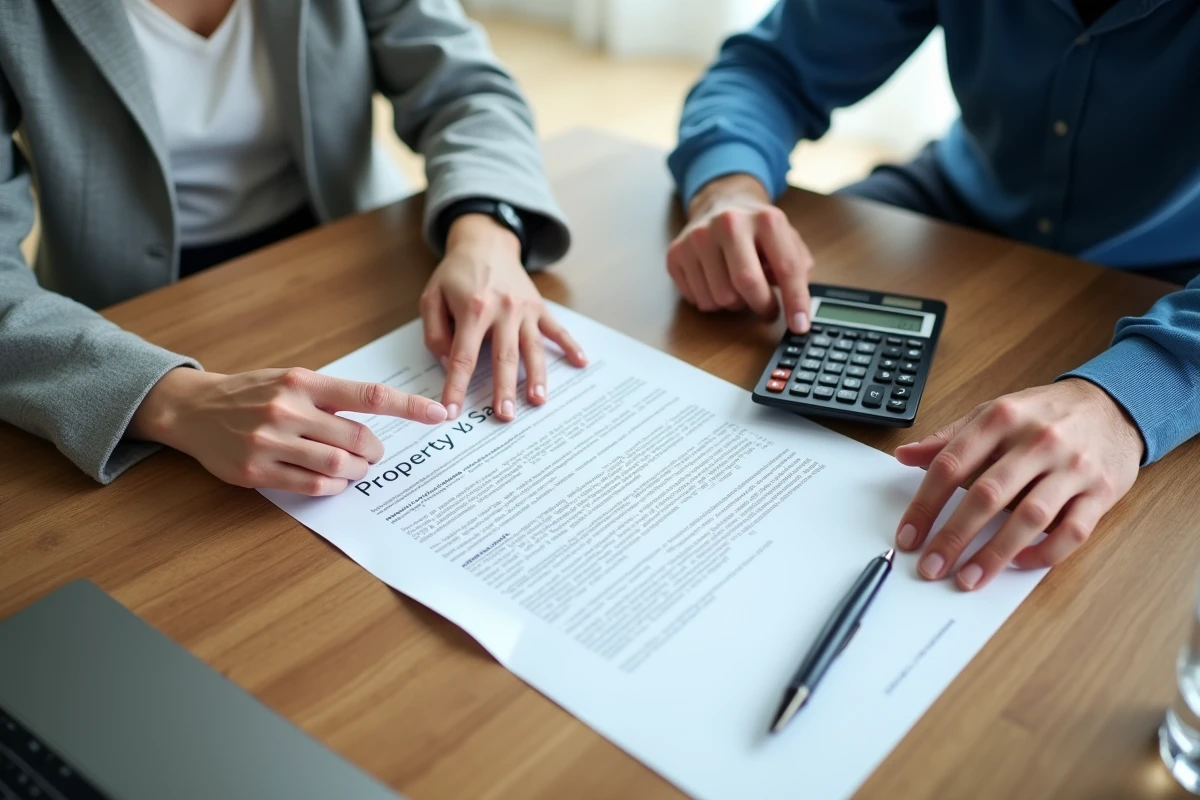 Mains pointant des clauses d'un contrat de vente immobilière avec calculatrice, illustration des frais de notaire et honoraires de négociation