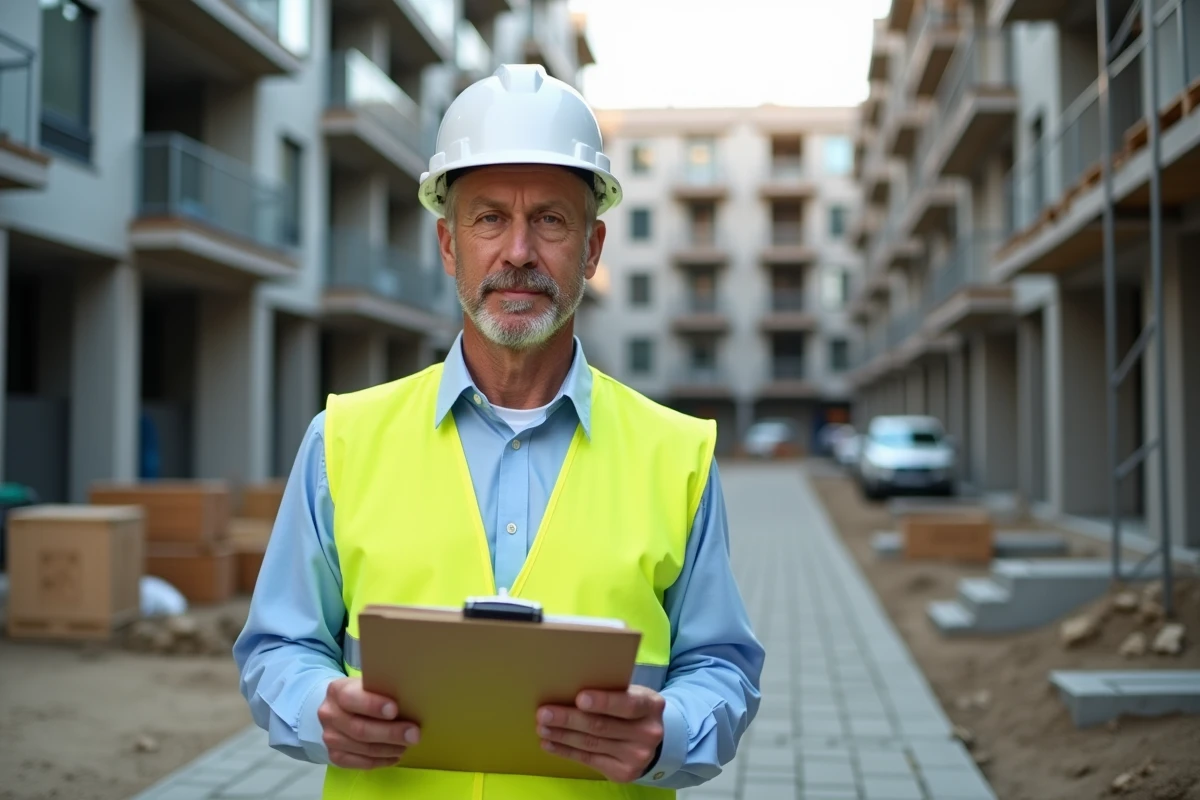 Gestionnaire de logements devant un immeuble résidentiel neuf avec documents administratifs