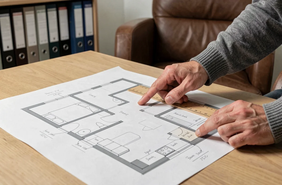 Gros plan sur le plan d'un T3 avec deux chambres annotées au crayon sur une table en chêne lors d'une vérification avant achat immobilier