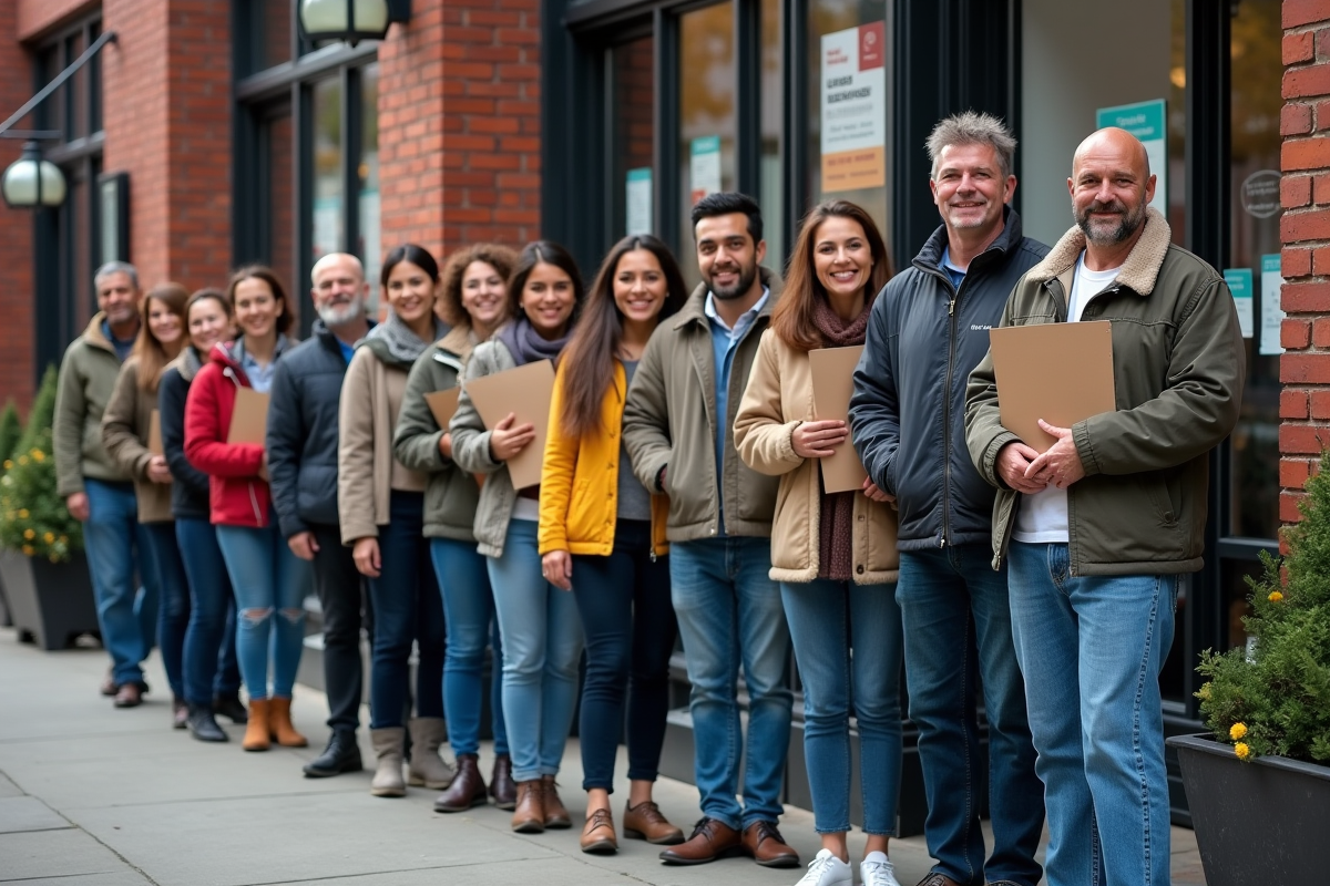 Groupe de locataires divers souriant devant une organisation