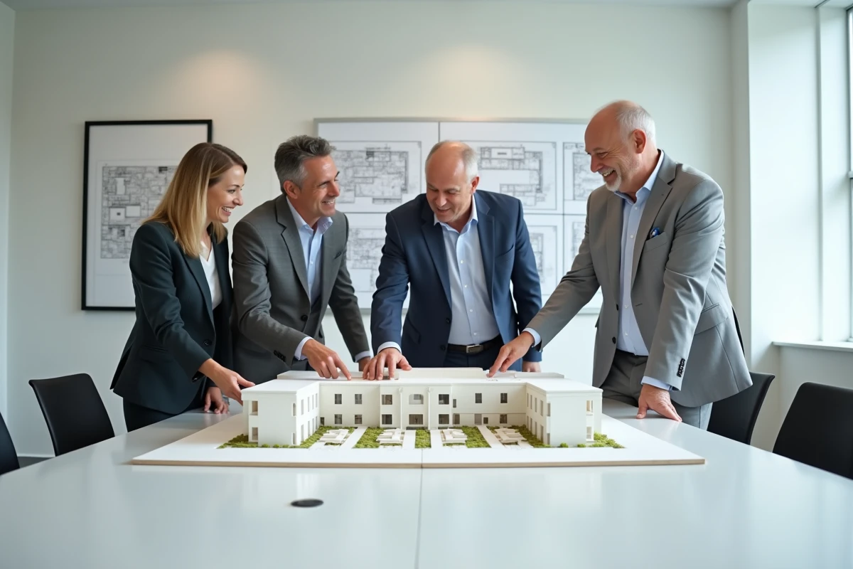 Groupe de professionnels analysant une maquette de complexe résidentiel en salle de réunion