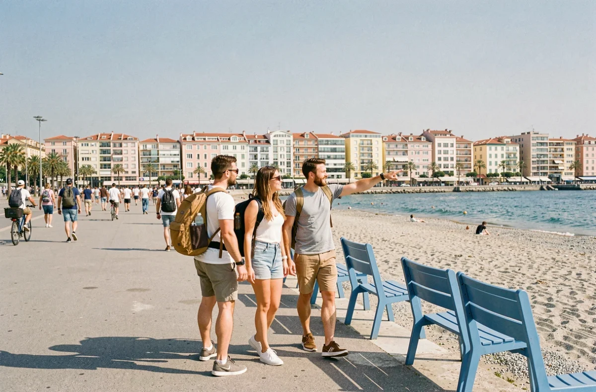 Groupe d'amis touristes marchant sur la Promenade des Anglais à Nice avec la mer en arrière-plan