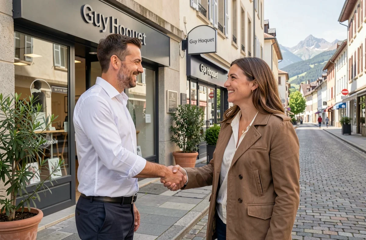 Agent Guy Hoquet serrant la main d'un couple de clients devant une agence immobilière à Grenoble avec les Alpes en arrière-plan