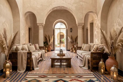 Salon d'une villa marocaine à Marrakech magnifiquement mis en scène avec carreaux zellige, mobilier en cèdre sculpté et tapis Beni Ourain pour valoriser la vente immobilière