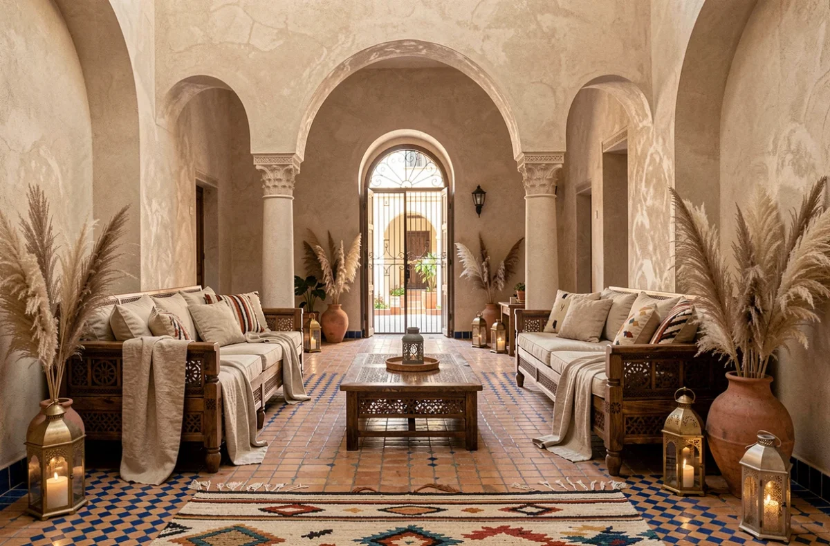Salon d'une villa marocaine à Marrakech magnifiquement mis en scène avec carreaux zellige, mobilier en cèdre sculpté et tapis Beni Ourain pour valoriser la vente immobilière