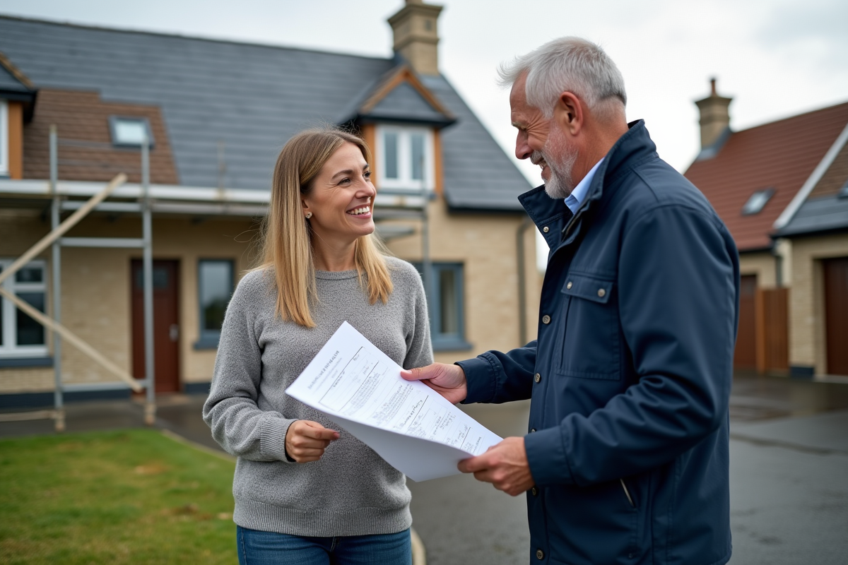 Femme discutant avec artisan devant sa maison