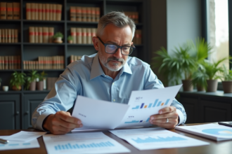 Homme d'affaires en réunion avec graphiques et notes TVA