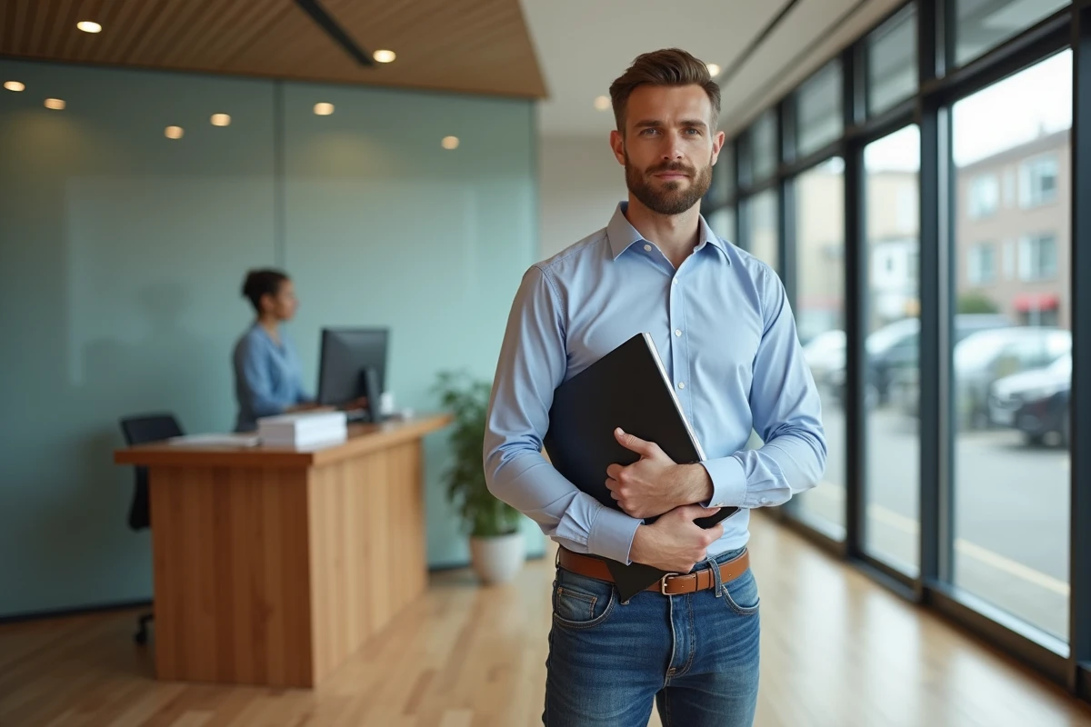 Homme d age moyen dans une agence immobiliere