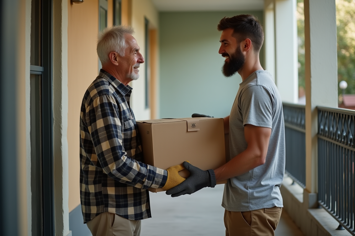 Homme aidant à porter une boîte dans un couloir d