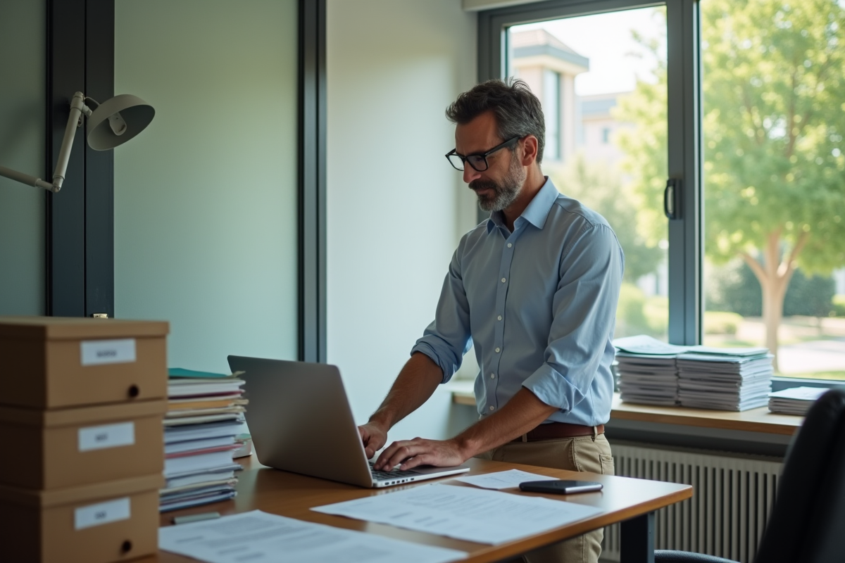 Homme au bureau tapant un email sur son ordinateur