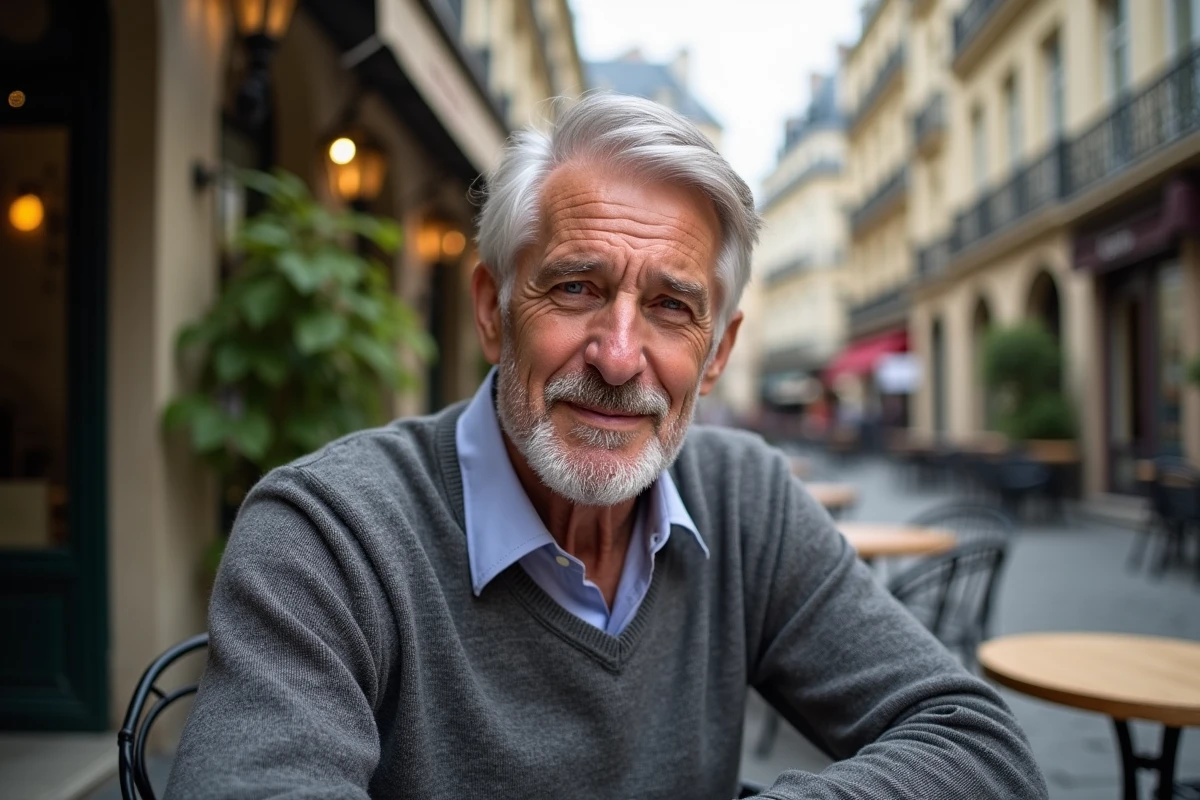 Homme d age assis dans un café parisien chic