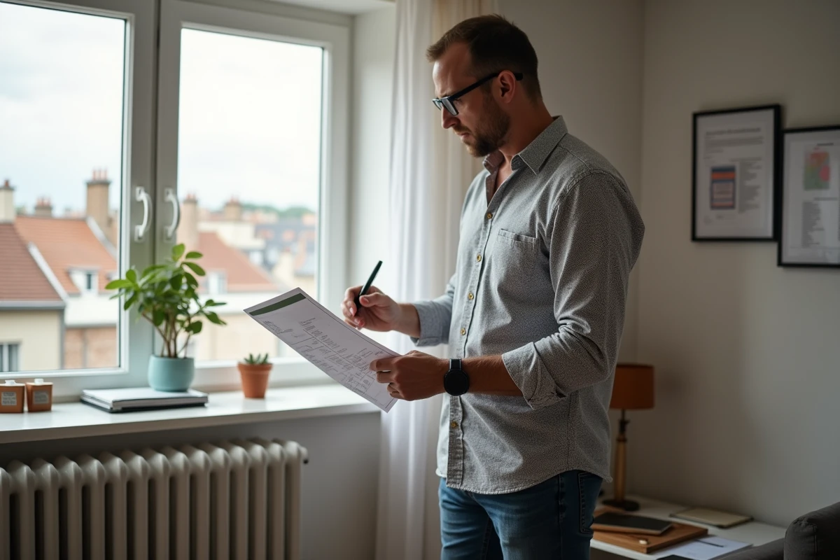 Homme réfléchissant à ses calculs de rentabilité dans un appartement lumineux