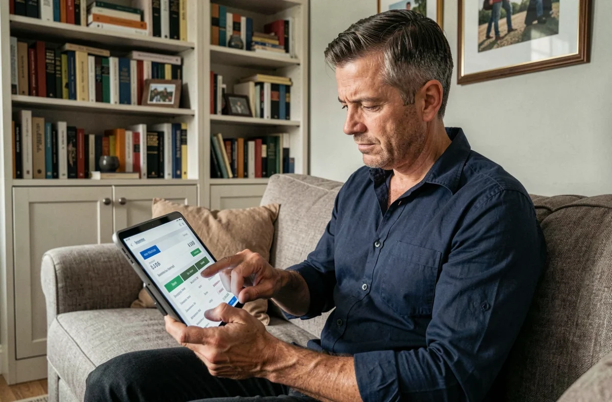 Homme consultant un comparateur d'assurance habitation sur tablette dans un salon confortable