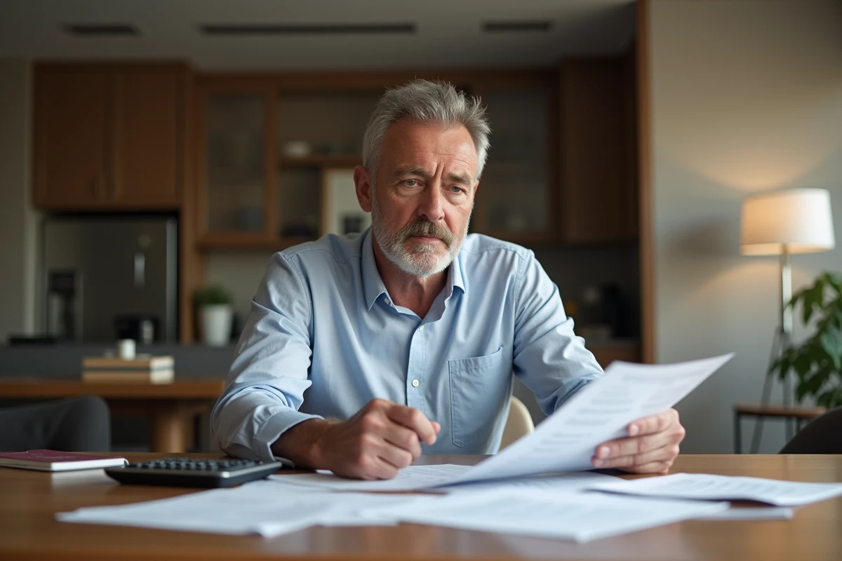 Homme concentré sur des documents immobiliers dans un intérieur moderne