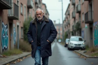 Homme d'âge moyen marchant dans un quartier abandonné