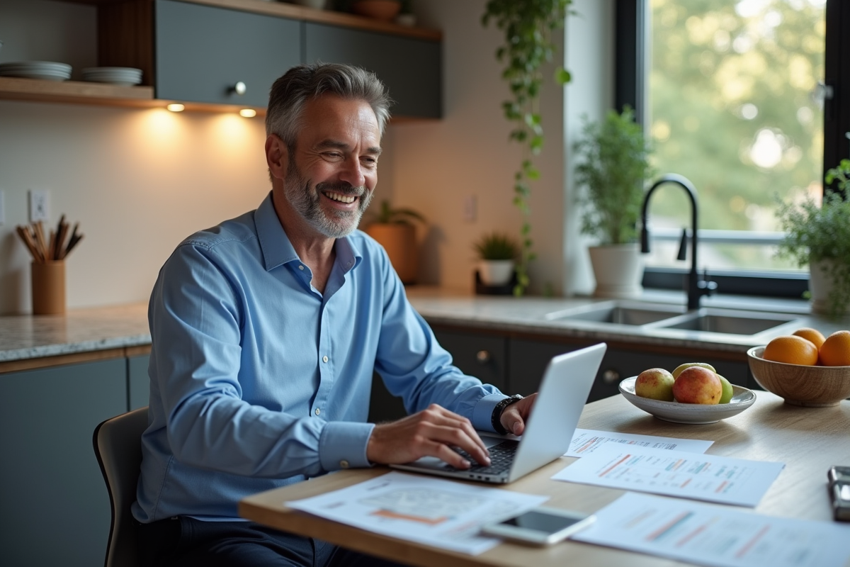 Homme d age moyen examinant des documents immobiliers dans sa cuisine