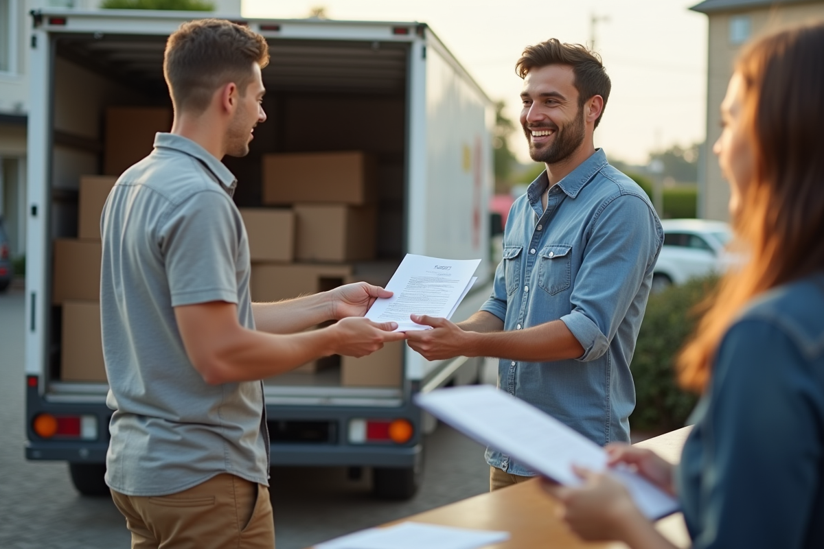 Jeune père remettant document à un employé devant camion de déménagement