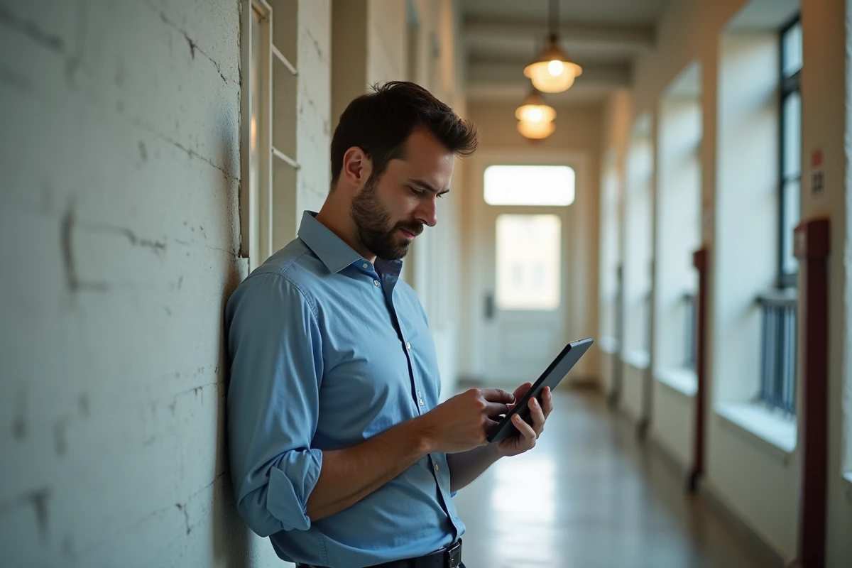 Homme vérifiant une application immobilière dans un hall lumineux