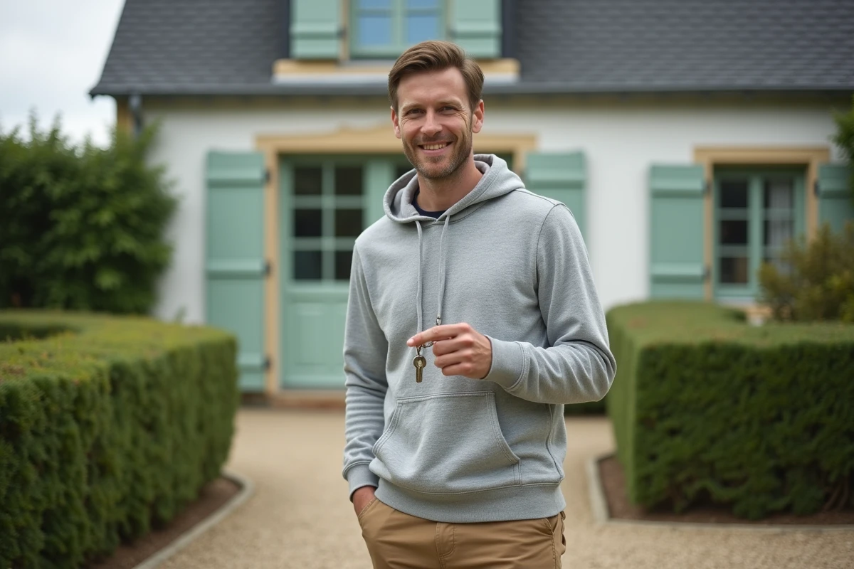 Homme devant une maison normande accessible en location sans CDI dans l'Eure