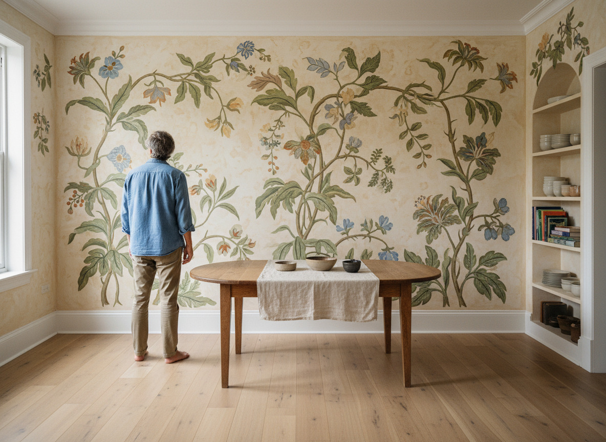 Homme admirant un mural botanique dans la salle à manger