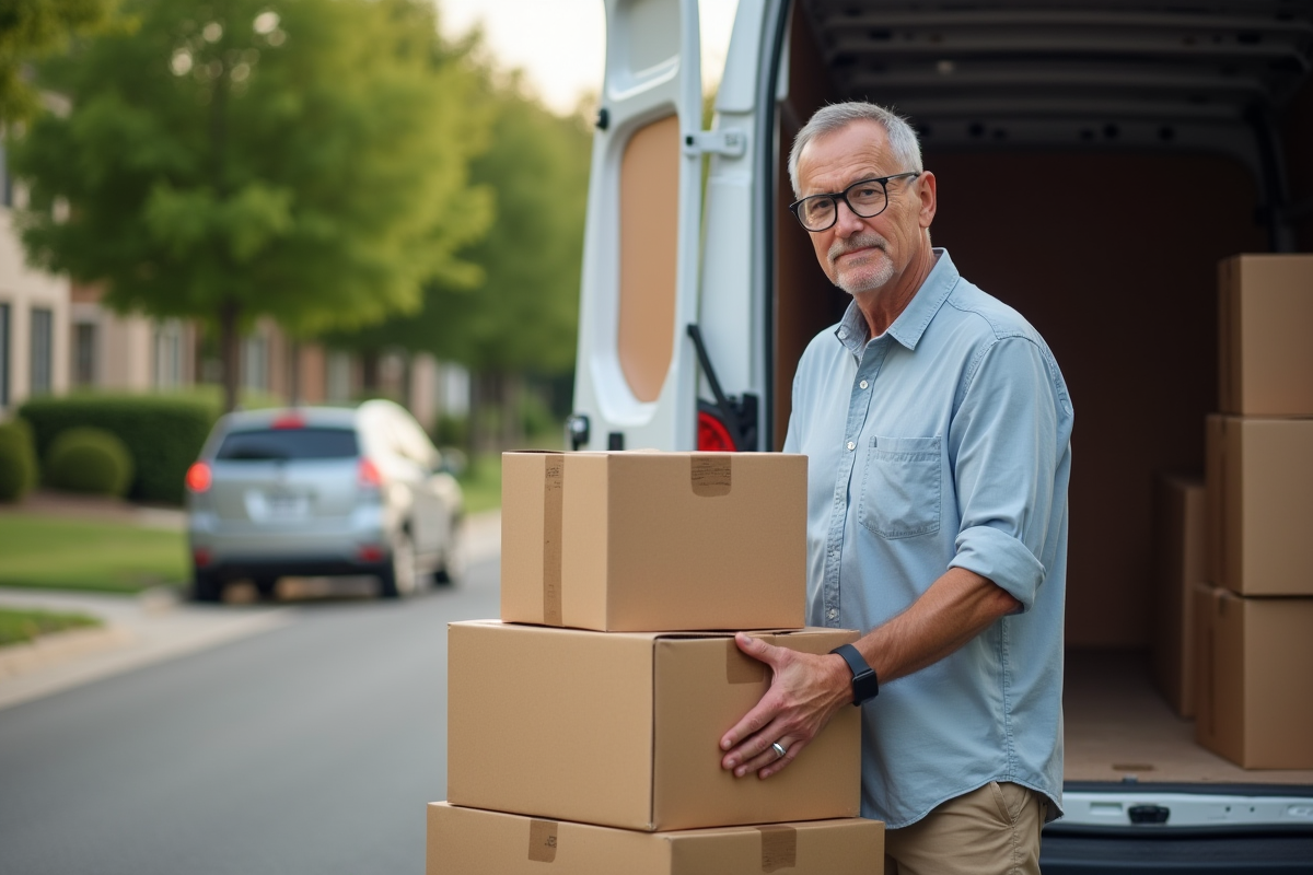 Homme organisant des cartons dans une rue devant un camion de déménagement