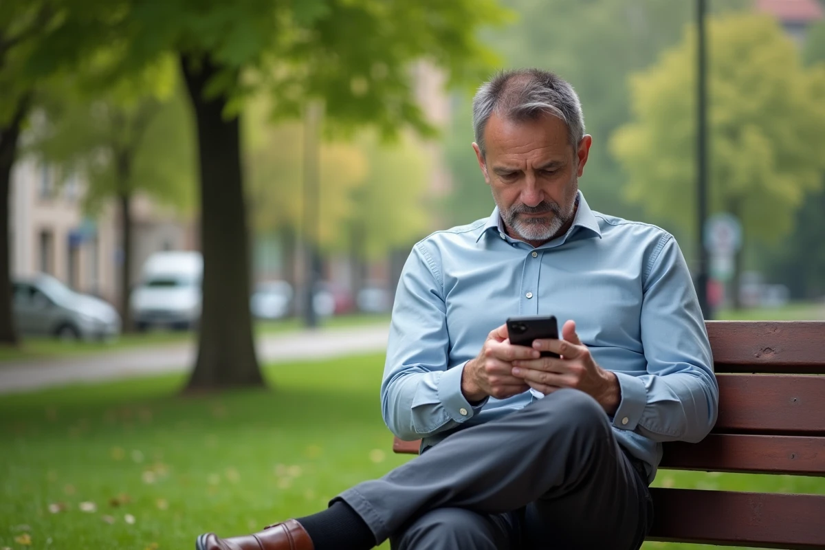 Homme consulte aidologement sur son smartphone dans un parc