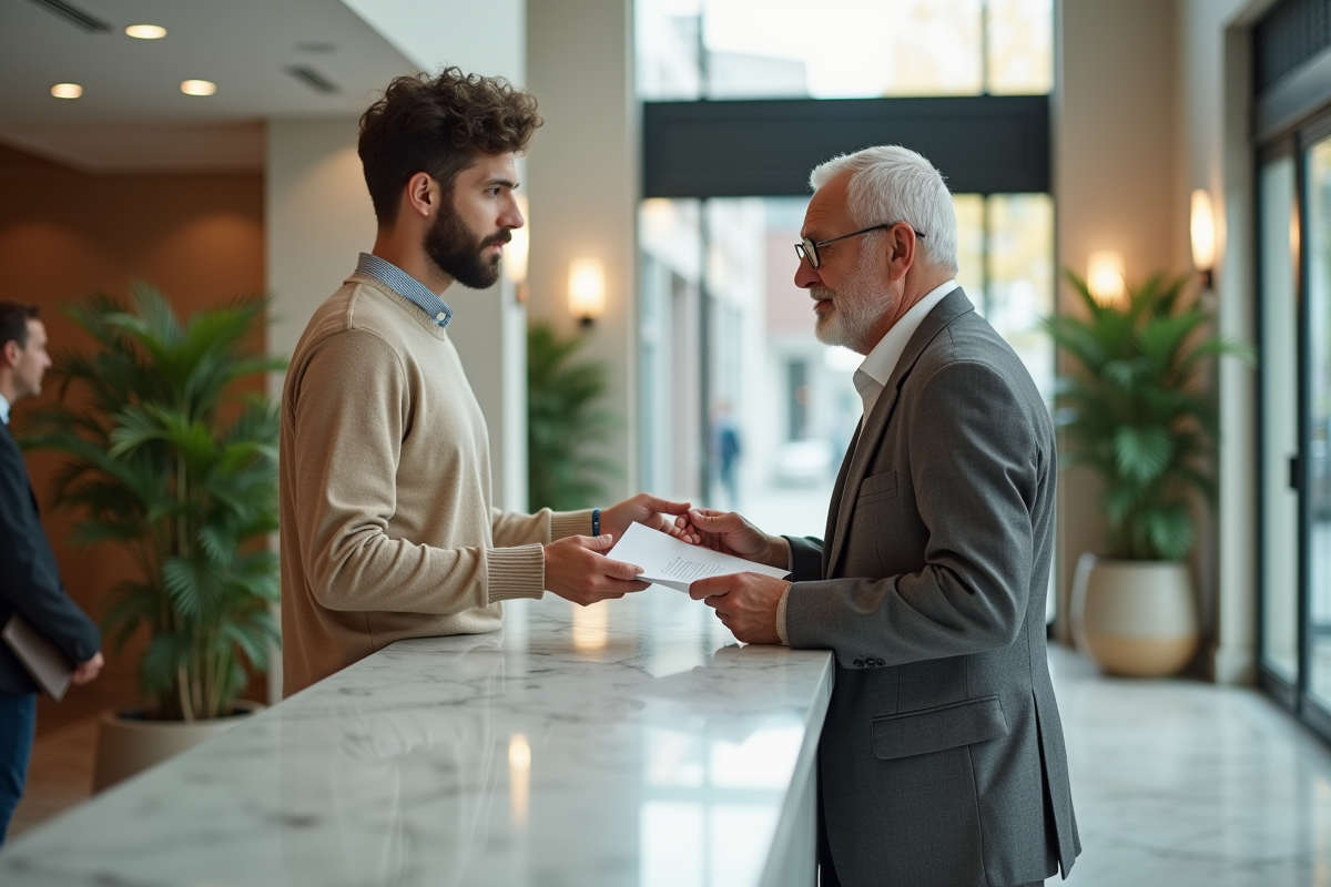 Homme remettant une lettre à un professionnel dans un hall