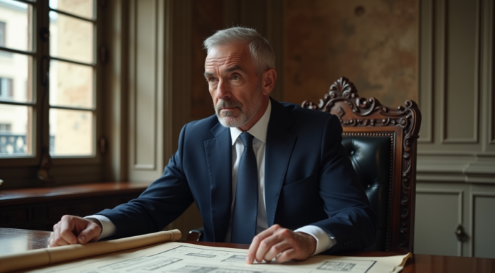 Homme d age en costume étudie plans de rénovation