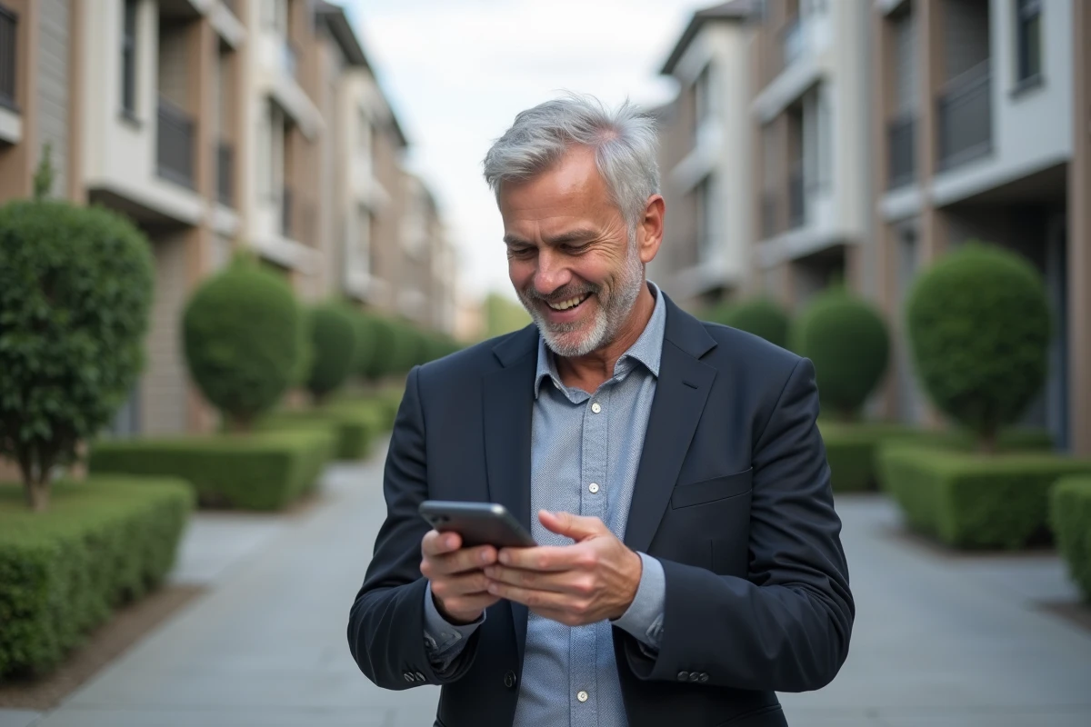 Homme utilisant son smartphone dans une rue résidentielle