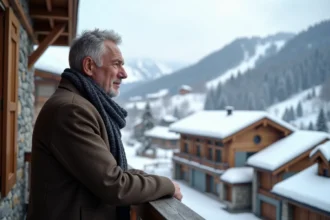 Homme d'âge moyen regardant les toits enneiges des Menuires